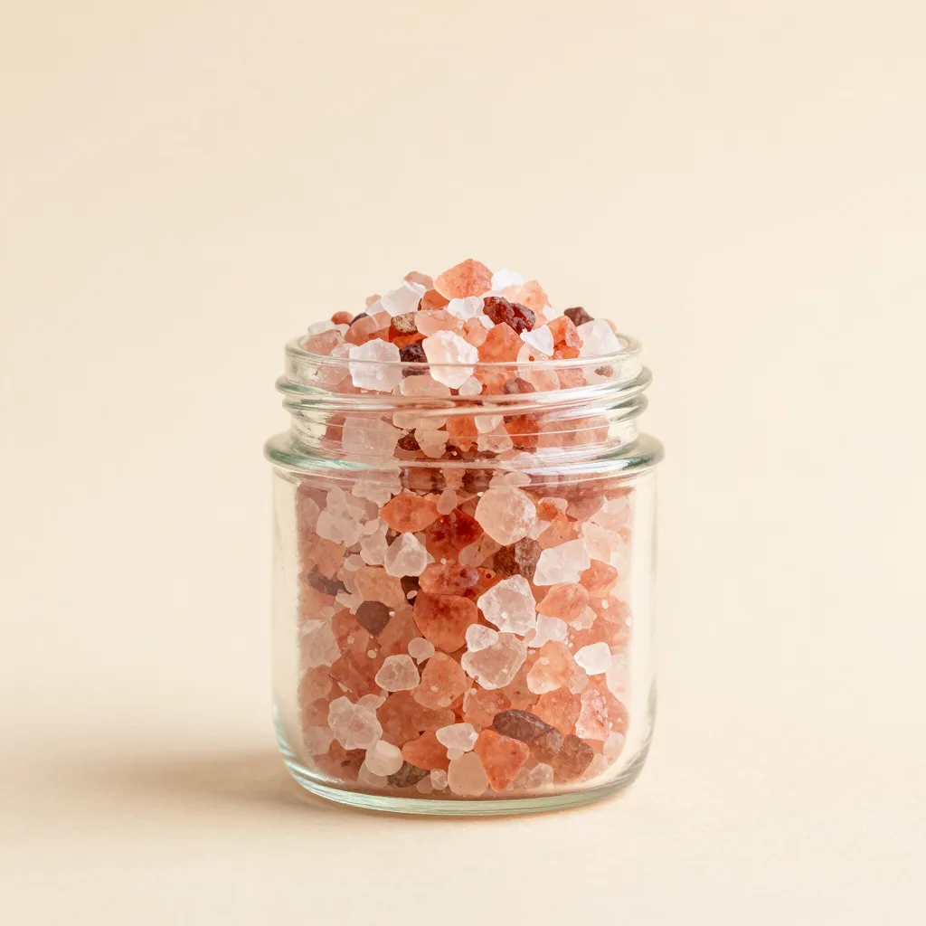 A jar of pink salt flakes on a light background