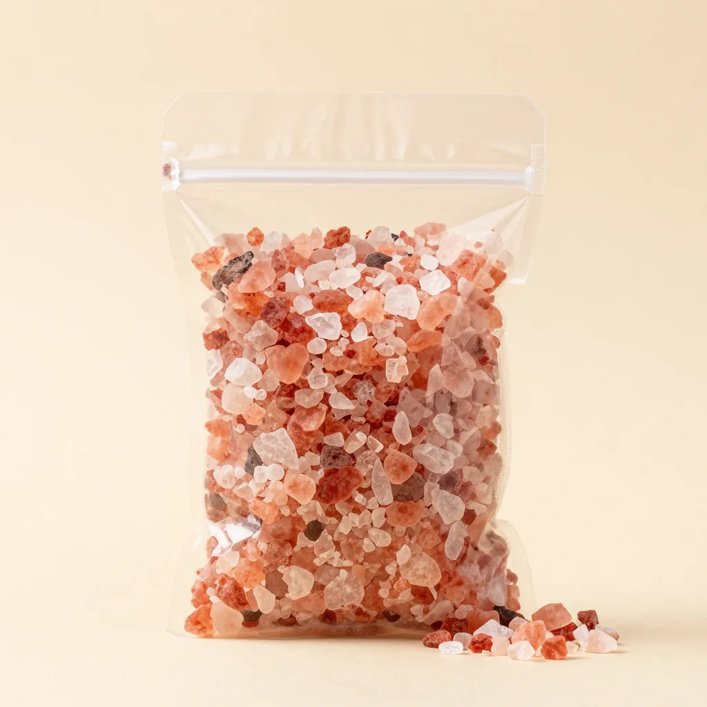 A pouch of fine pink salt on a light background
