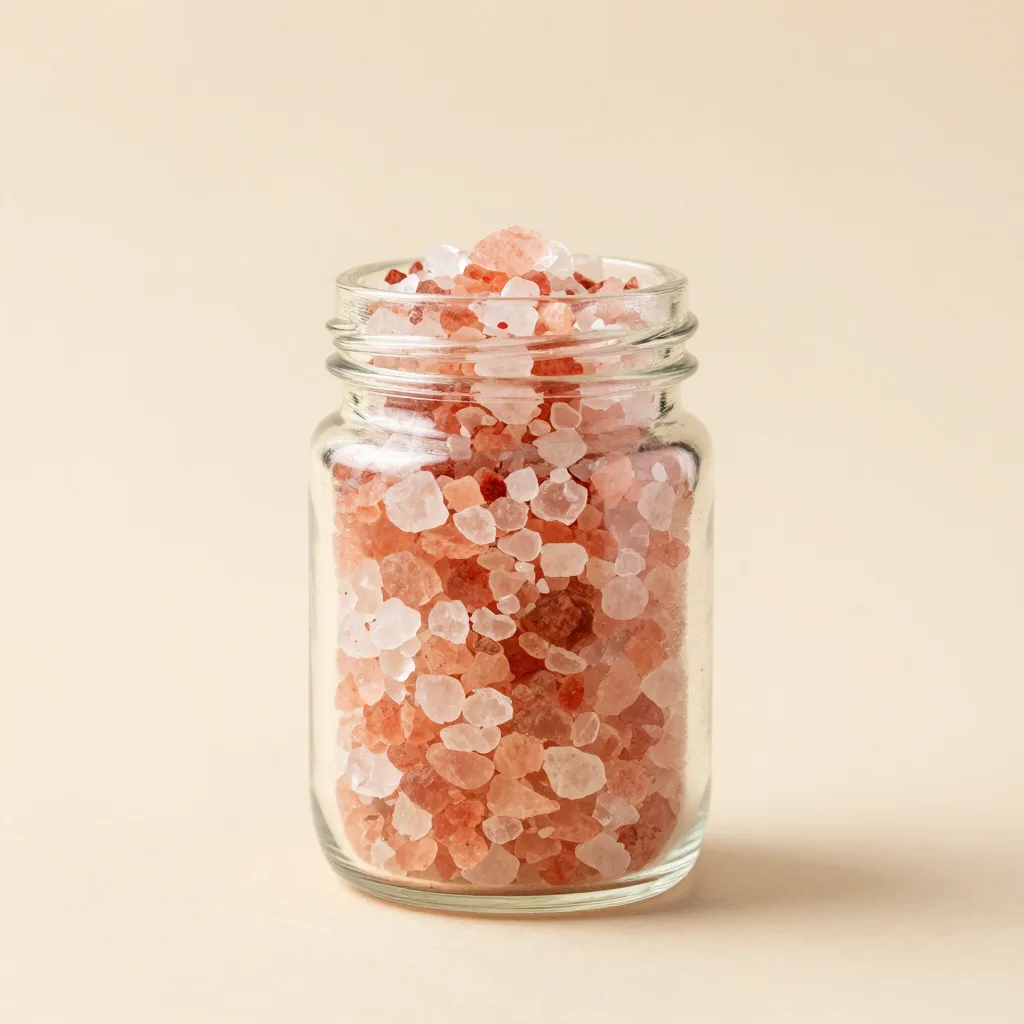 A jar of coarse pink salt on a light background