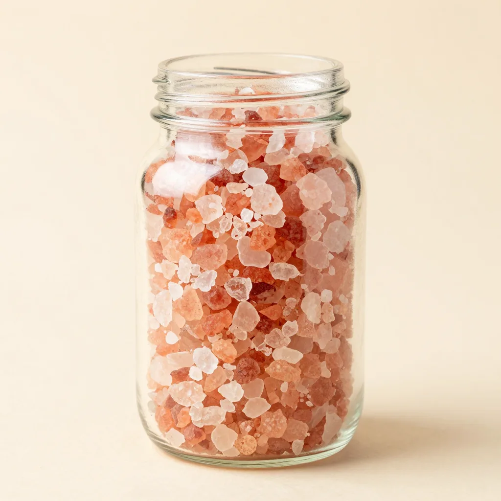 A large jar of pink salt flakes on a light background