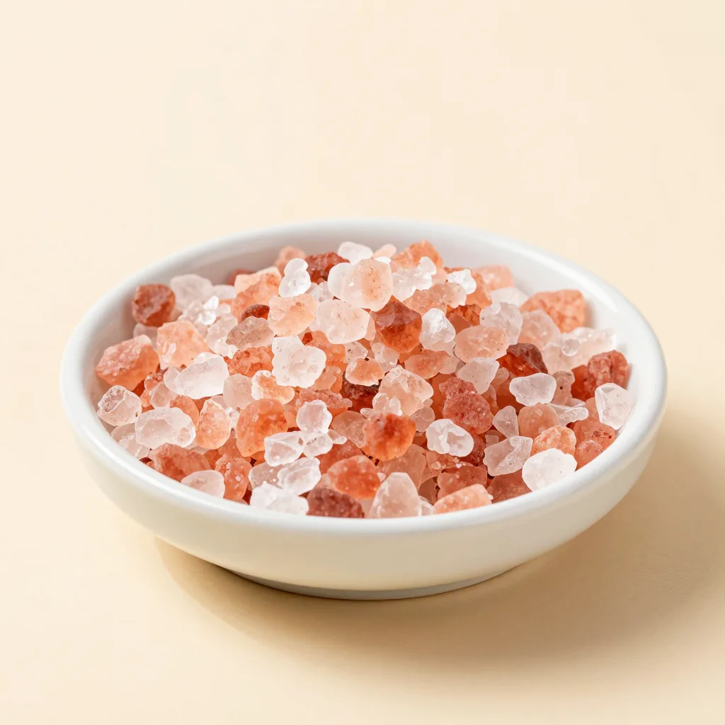 Pink salt flakes with a ceramic dish on a light background