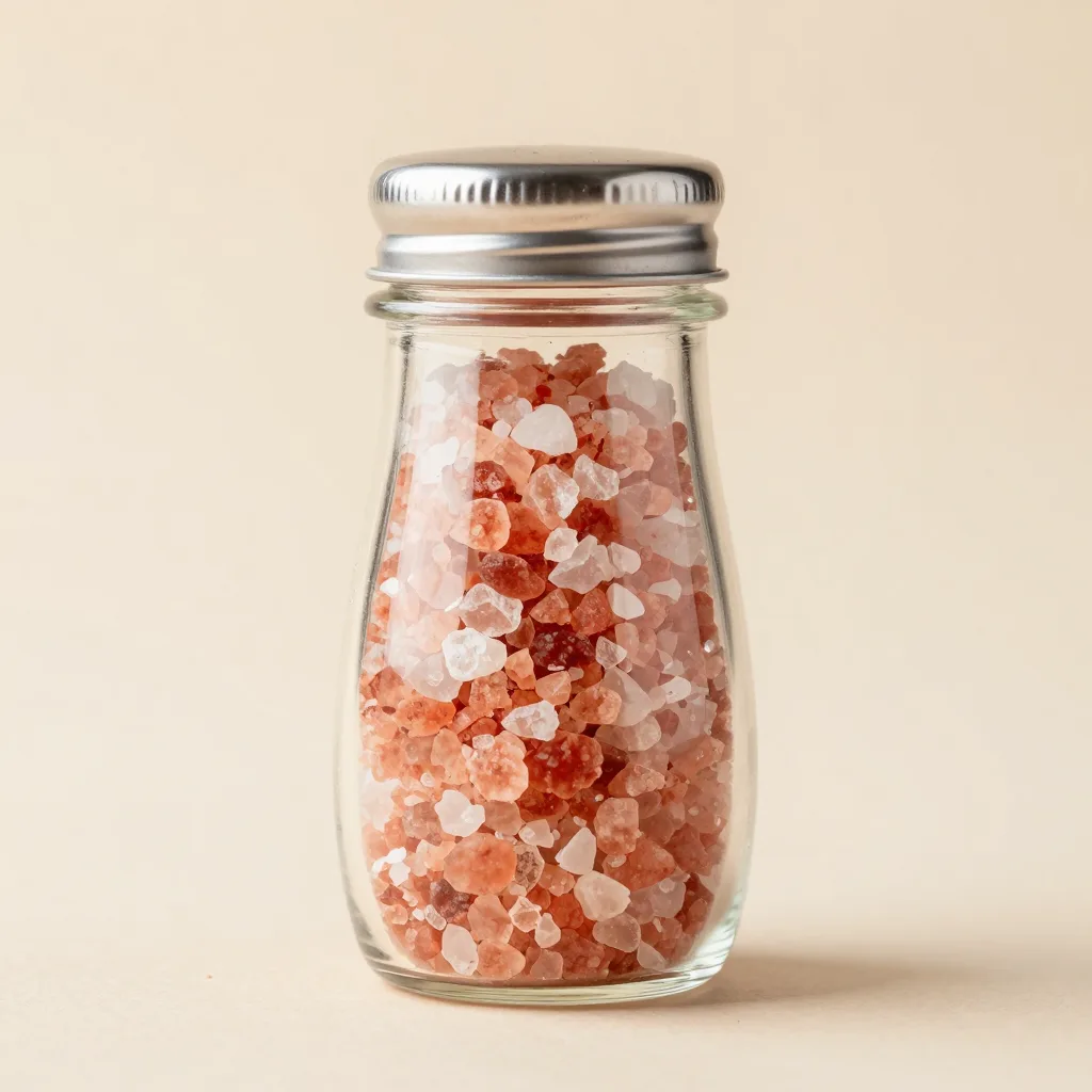 A chef's jar of fine pink salt on a light background